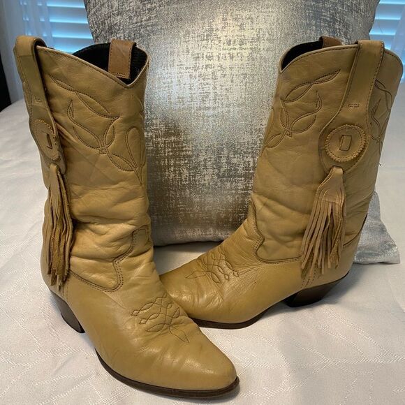 Laredo Tan Brown Tassel Pointed Toe Leather Western Rodeo Cowgirl Boots SZ 5.5M - Picture 1 of 11